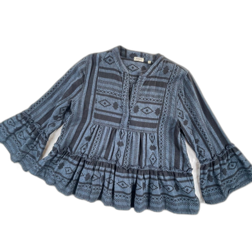 Dylan by True Grit Aztec Flannel Tiered Peasant Blouse S Blue Cabin Cowgirl Boho